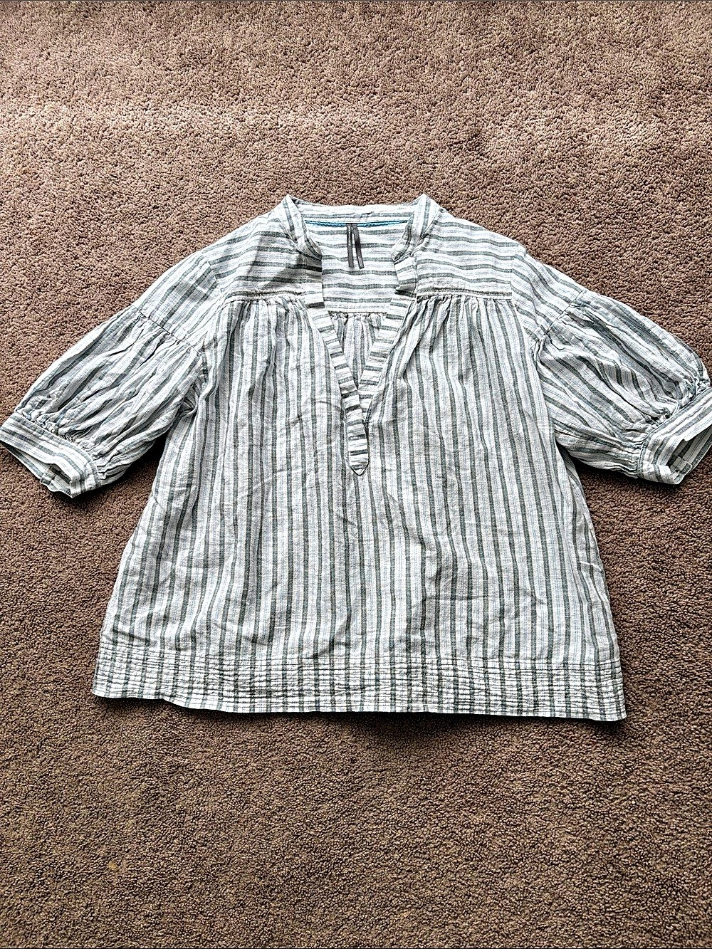 Anthropologie Striped Linen Cotton Blouse in White & Blue